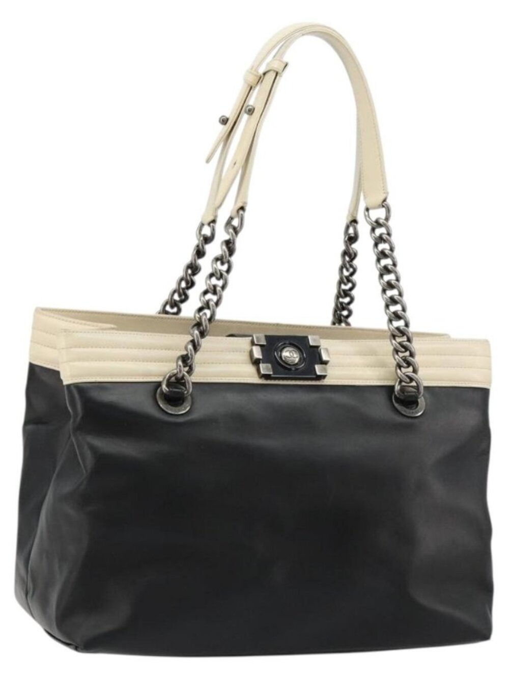 CHANEL Boy Chanel Chain Tote Bag Calf Skin Black Silver CC Auth bs35348